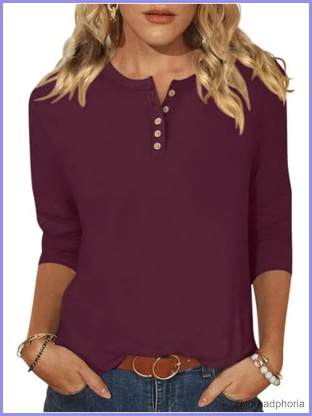 Women's 3/4 Sleeve Henley Top Button Down V Neck Casual Tunic Blouse